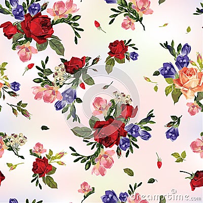 Abstract seamless floral pattern with red roses and pink and blu Vector Illustration