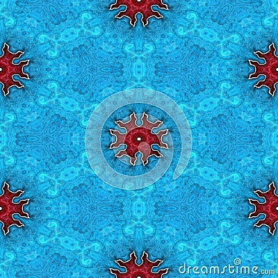 Abstract seamless frozen blue glass texture or background with red snowflakes for Christmas decor Stock Photo