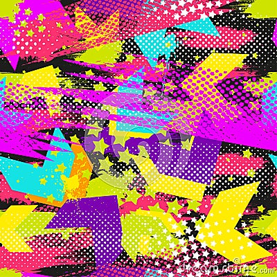 Abstract seamless geometric pattern with geometric shapes, dots, colorful spray paint ink. Grunge urban pattern. Vector Illustration