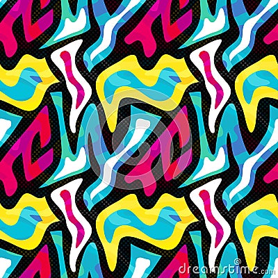 Abstract seamless geometric pattern with urban elements, scuffed, drops, sprays, triangles, neon spray paint. Vector Illustration