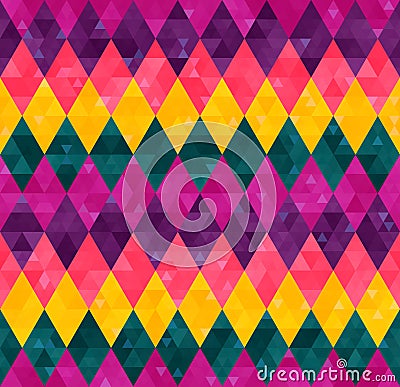 Abstract seamless harlequin pattern from rows of rhombuses in green, yellow, pink and purple Vector Illustration