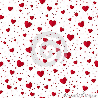 Abstract seamless heart pattern background. Paper red hearts and dots isolated on white. Valentines Day background. Vector Vector Illustration