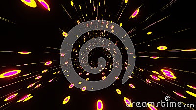 Abstract seamless loop of 3D renders yellow and pink neon circular abstract motion background inside a triangular tunnel Stock Photo
