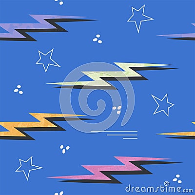Abstract seamless modern pattern with lightning shape, dots, curved lines. blue background. simple, repeating background, Vector Illustration