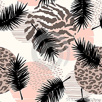 Abstract seamless pattern with animal print, tropical plants and geometric shapes. Vector Illustration