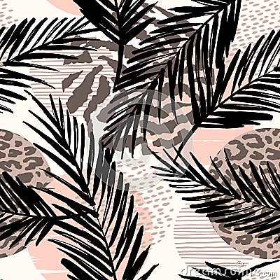 Abstract seamless pattern with animal print, tropical plants and geometric shapes. Vector Illustration