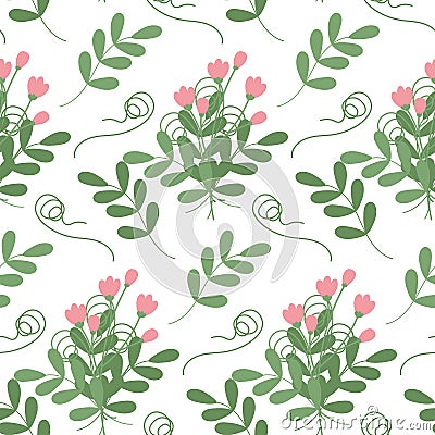 Abstract seamless pattern of bouquet of twigs with small leaves, flowering branches and curly plants Vector Illustration