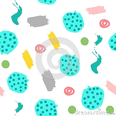 Abstract seamless pattern with brush strokes, scribbles, round spots and dots. Sketch, ink, watercolor. Vector Illustration