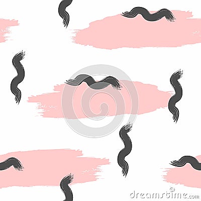 Abstract seamless pattern with brush strokes. Watercolor, sketch, paint. White, pink, black. Vector Illustration