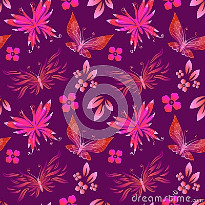 Abstract seamless pattern with butterflies, flowers and leaves Vector Illustration