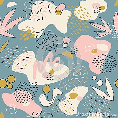 Abstract seamless pattern with chaotic painted elements. Vector Hand drawn texture with different lines, dots and shapes. Vector Illustration