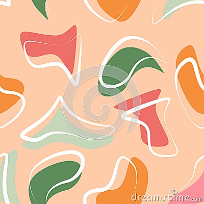 Abstract seamless pattern of colored organic shapes spots and white brush stroke outlines, autumn leaves colors Vector Illustration