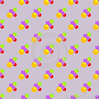 Abstract seamless pattern of colorful polygon geometric shapes in orange, yellow, green, red and violet colors on light purple bac Vector Illustration
