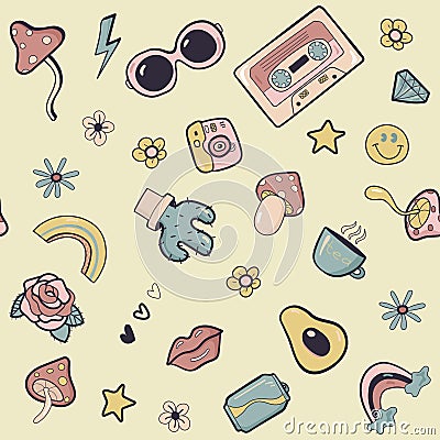 Abstract seamless pattern with doodle: glasses, cassette, rainbow, mushrooms, flowers, lips, cactus, camera, rose Vector Illustration