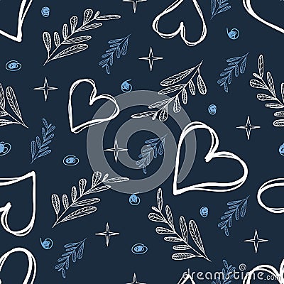 Abstract seamless pattern in a doodle style, drawings of hearts, leaves, stars Vector Illustration