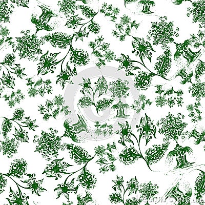 Abstract seamless pattern of drawn green fantastic plants. Stock Photo