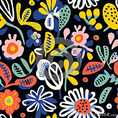 Whimsical Flower Print On Black Background - Textile Art Pattern By Matisse Stock Photo