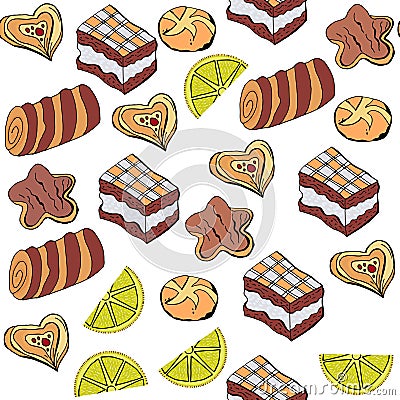 Abstract seamless pattern with pie, roll, bun, cookies, laim. It is located in swatch menu, vector image Vector Illustration