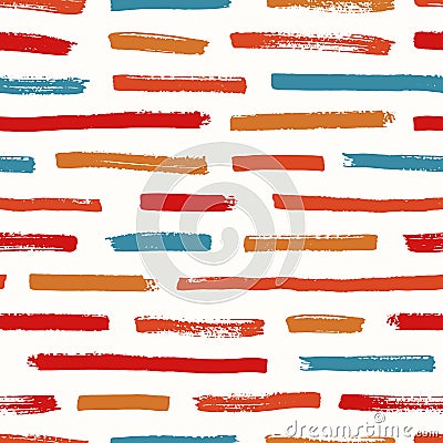 Abstract seamless pattern with red, orange and blue brushstrokes on white background. Vibrant backdrop with horizontal Vector Illustration