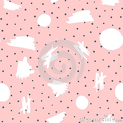 Abstract seamless pattern. Repeated brush strokes and polka dot. Vector Illustration