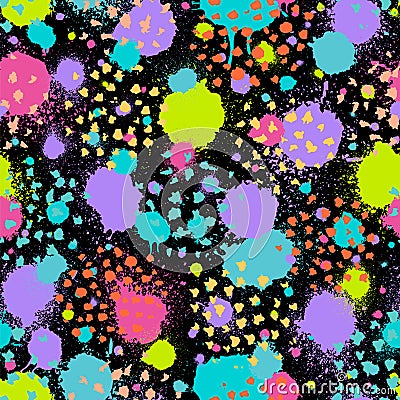 Abstract seamless pattern. Repeating graffiti backdrop. Background paint splatter. Grafitti splash. Grunge texture. Bright random Vector Illustration