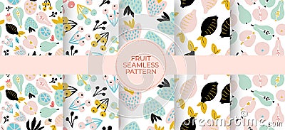 Abstract seamless pattern set with fruits and berries. Hand drawn paper cut texture. Geometry figures of fruits in trendy pattern Vector Illustration