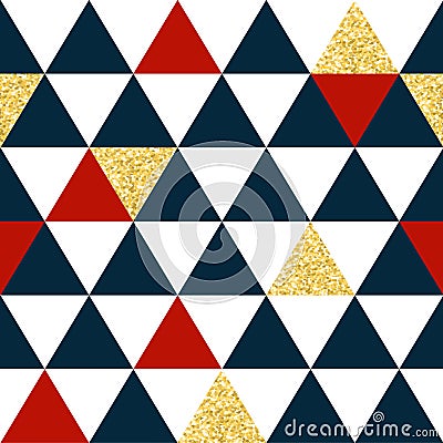 Abstract seamless pattern with triangles in red, gold and dark blue. Vector Illustration