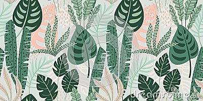 Abstract seamless pattern with tropical leaves. Vector template. Vector Illustration