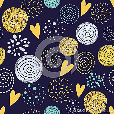 Abstract seamless pattern Yellow gold circle elements dark background Cute glitter decor wallpaper Cartoon Illustration