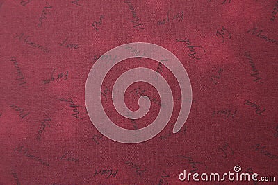 Abstract seamless red fabric background with the inscription: love, heart, for you, joy, nature, angel, peace, pure, memory. Stock Photo