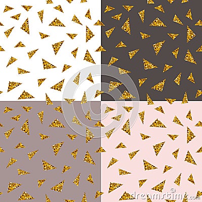 Abstract seamless repeating pattern with gold glitter triangles on different backgrounds Vector Illustration