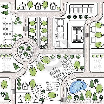 Abstract seamless vector background, pattern, wallpaper, backdrop with houses, roads, trees. Urbanistic landscape plan Vector Illustration