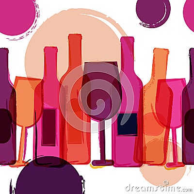 Abstract seamless vector background. Red, pink wine bottles, gla Vector Illustration