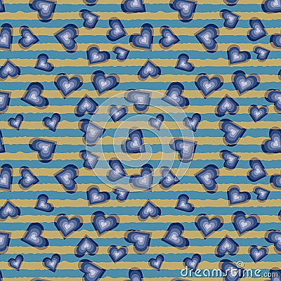 Abstract seamless vector pattern with layered blue hearts and gold stripes. Vector Illustration