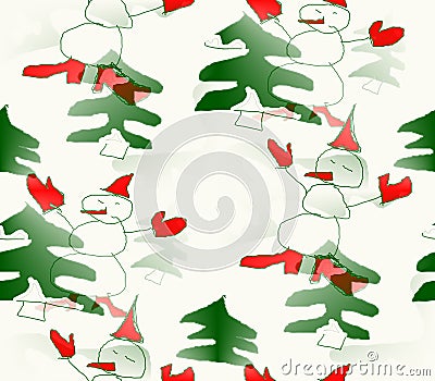 Abstract background seamless winter many snowmen in hats, mittens and shoes Stock Photo