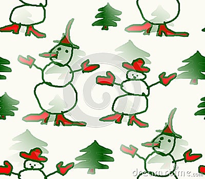 Abstract background seamless winter many snowmen in hats, mittens and shoes Stock Photo