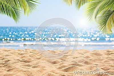 Abstract seascape with palm tree, tropical beach background. Stock Photo