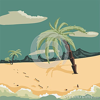 Abstract seascape with white sand, palm trees and mountains Vector Illustration