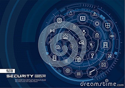 Abstract security, access control background. Digital connect system with integrated circles, glowing thin line icons. Vector Illustration