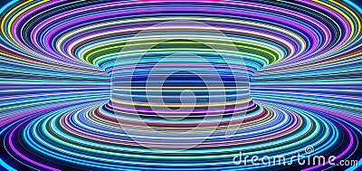 Abstract self-luminous colored lines rotate inside the tunnel of the circle. 3d Stock Photo