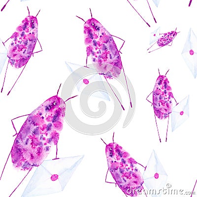 Abstract serious purple bird drop stands and holds an envelope with a letter. Comic watercolor illustration isolated on white Cartoon Illustration