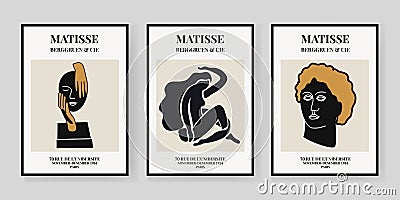 Abstract set of Matisse posters depicting a sculpture, a head of David, a woman. Aesthetic Contemporary Art Vector Illustration