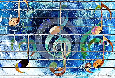 Abstract set of music clefs and lines with notes, music theme graphic collage. Stock Photo