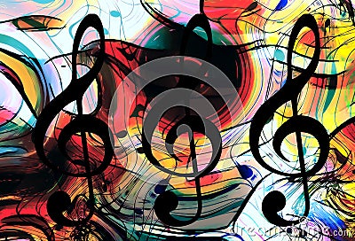 Abstract set of music clefs and lines with notes, music theme graphic collage. Stock Photo