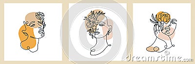 Abstract set with Woman face, silhouette, floral elements one line drawing. Vector Illustration