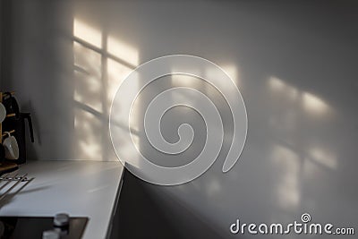 Abstract shadow background of leaves and window from sunlight on white wall at kitchen Stock Photo