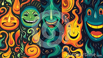 Abstract shapes, smiling faces, curves, cannabis. Lava Stock Photo