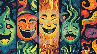 Abstract shapes, smiling faces, curves, cannabis. Lava Stock Photo