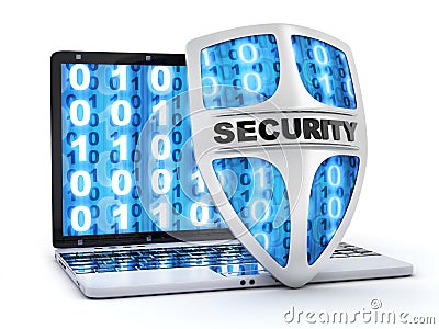 Laptop and blue binary shield Cartoon Illustration