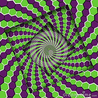 Abstract shifted frames with a moving green purple hexagons spiral pattern. Optical illusion background Vector Illustration